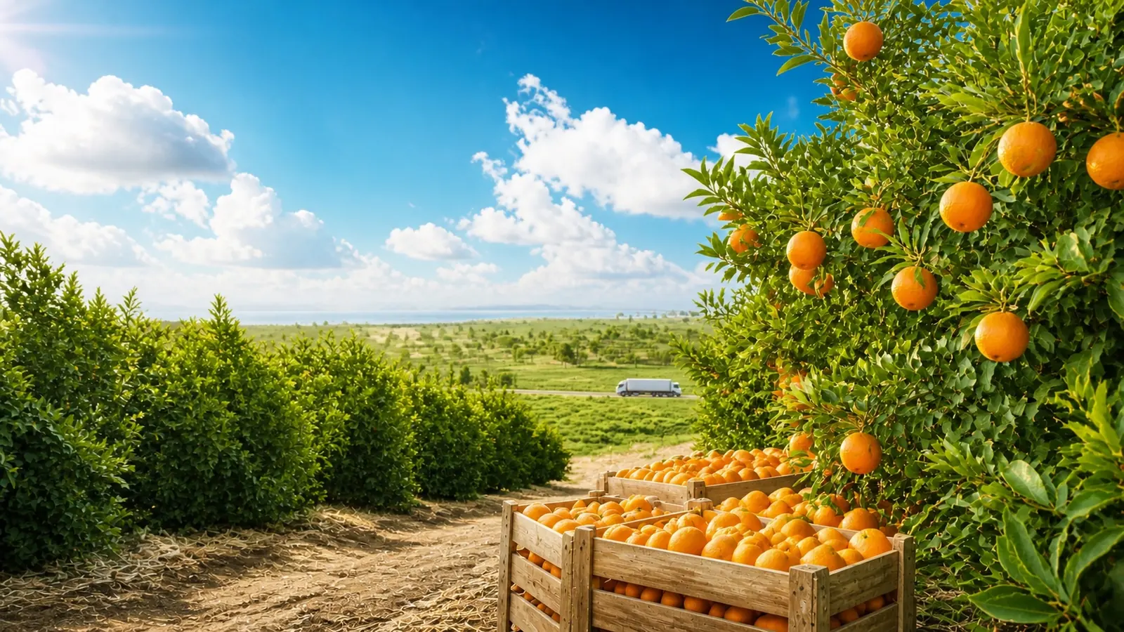 Bright Egyptian orange orchard with harvest crates